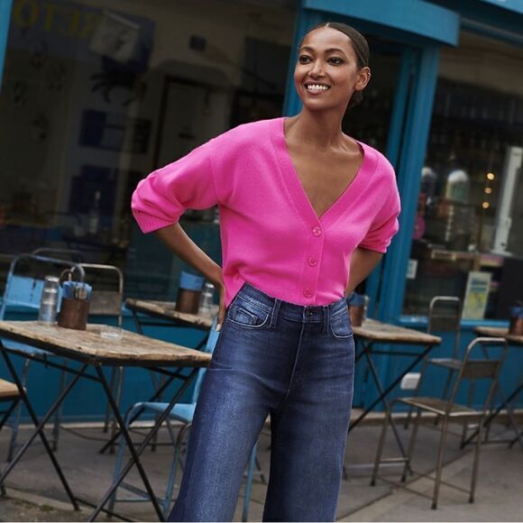 AQUA Cashmere V Neck Cardigan in Pink - Picture 1 of 7